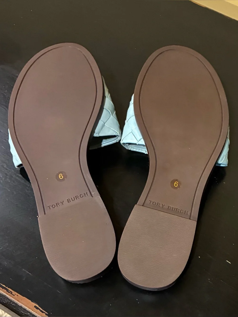 Tory Burch Sandals Slides double T Woven Leather Footbed Blue Gold Sz 6 NWOB